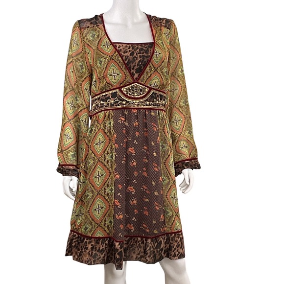 Double D Ranch Bohemian Print Velvet Trimmed Mixed Media Midi Dress Size Medium - Picture 4 of 16
